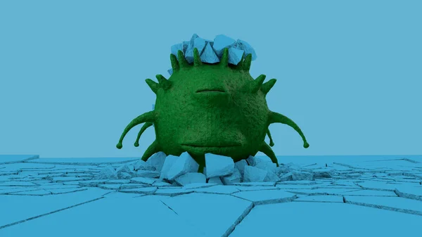 Рендеринг Страшного Коронавируса Зеленого Одноглазого Дракона Спящего Голубой Поверхности Камнями — стоковое фото