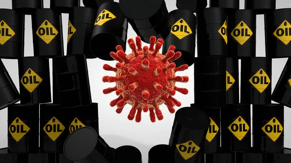 Representación Muchos Barriles Petróleo Virus Rojo Que Destruye Orden Establecido — Foto de Stock