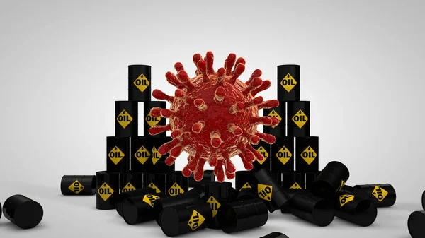 Representación Muchos Barriles Petróleo Virus Rojo Que Destruye Orden Establecido — Foto de Stock