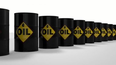 Beyaz arka planda bir sıra siyah yağ varilinin 3 boyutlu animasyonu.