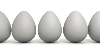 Beyaz arka planda izole edilmiş bir dizi beyaz tavuk yumurtasının üç boyutlu görüntüsü. Gıda endüstrisi için illüstrasyon, reklam etiketleri ve afişler. Sağlıklı bir diyet ve düzgün bir yaşam tarzı fikri.