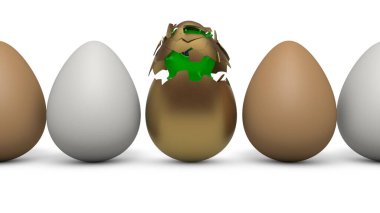 Bir sıra beyaz yumurta ve altının 3 boyutlu görüntüsü. Merkez, Altın Yumurta patladı ve yeşil bir virüs salmonella ya da koronavirüs salgıladı. Enfeksiyon fikri. Beyaz bir arkaplanda izole resimleme.