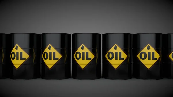 3D rendering of black oil drums on a dark gradient background. The idea of a crisis in the oil industry, the collapse of the industry, the global imbalance. Image for ads and banners.