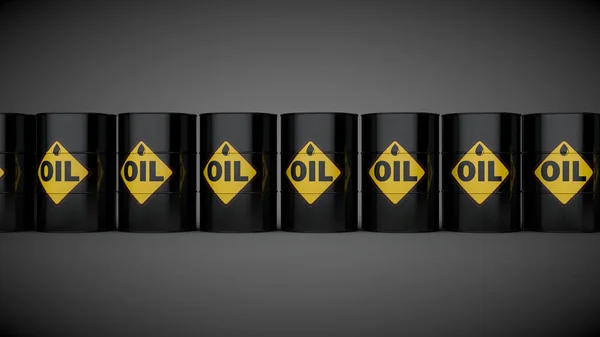 3D rendering of black oil drums on a dark gradient background. The idea of a crisis in the oil industry, the collapse of the industry, an excess of oil, a glut of the market. Image for ads and banners