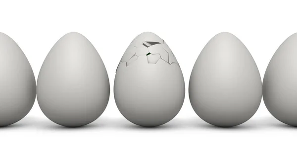 白い卵の列の3Dレンダリング 白い背景に隔離された画像 中央の卵は上部の亀裂で破裂します 鶏が現れる瞬間 — ストック写真