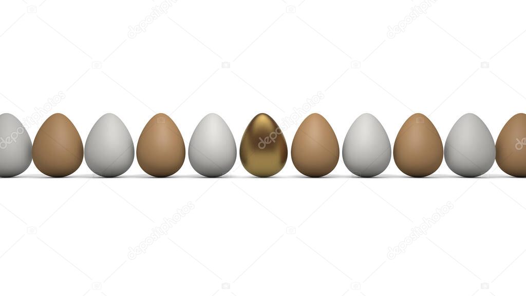 3D rendering of white and yellow chicken eggs isolated on a white background, and one Golden egg. Illustration for the food industry, advertising labels and banners. The idea of a healthy diet.