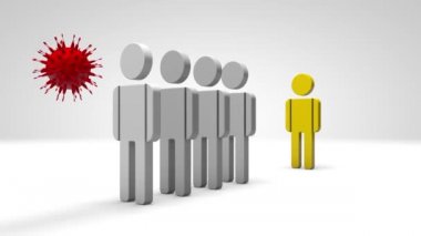 Bir insana dokunan kırmızı virüsün 3 boyutlu animasyonu. İnsanlar düşer, biri kalır. Salgın sırasında Deya karantina ve sağlık koruması.