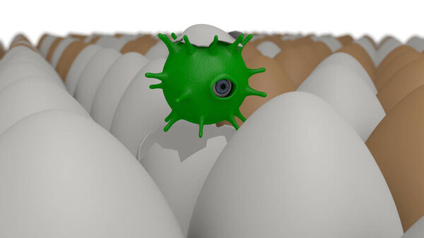 3D rendering of a plurality of chicken eggs. One egg hatched a virus with one eye and long tentacles.