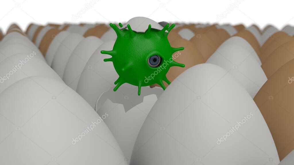3D rendering of a plurality of chicken eggs. One egg hatched a virus with one eye and long tentacles.