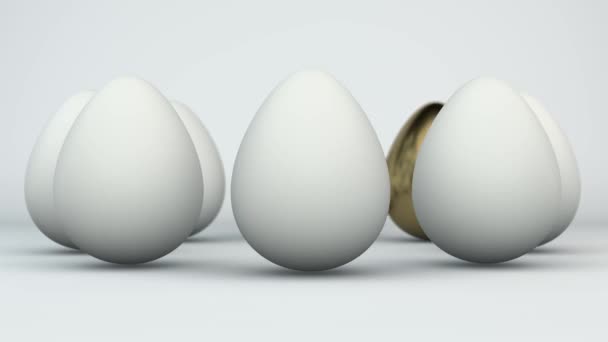 鶏の卵の3Dアニメーション 卵は円の中で動き そのうちの1つはゴールデンです 経済的成功 素晴らしい富のアイデア — ストック動画