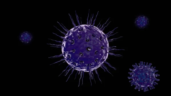 3D rendering of covid-19 coronavirus in blue on a dark background. A virus, a bacterium surrounded by microorganisms with flagella and tentacles on the surface. Illustration for medical banners.