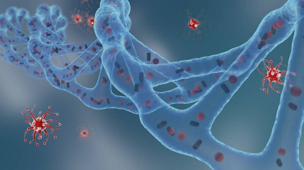 3D rendering of a DNA molecule with a lot of bacteria, viruses in the environment. Medical background, the idea of danger to the body from the covid-19 virus. Illustration for medical compositions.