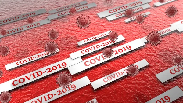 3D rendering of a red medical background, a viral surface with uneven relief. covid-19 viruses and texts informing about the danger are flying over the surface. Illustration for medical banners