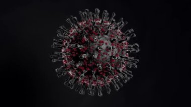 Koyu Coronavirus covid-19 'un hareketinin 3 boyutlu animasyonu, kırmızı benekler ve bulanık bir arkaplan. 4K kesintisiz animasyon, kesintisiz oynatma, tıbbi pankartlar için.
