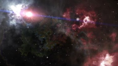 Nebula ve yıldız kümeleriyle kozmik arkaplanın 4K animasyonu. Arka planda bir yıldız parlıyor ve sönüyor. Güneş sisteminin dışında bir uzay uçuşu..