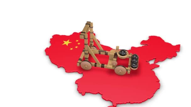 Animatie Van Een Oude Katapult Die Kaart Van China Staat — Stockvideo