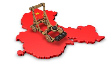 Çin topraklarında, kovind-19 Coronavirus şeklinde demir kabuklu eski bir mancınığın 3 boyutlu görüntüsü. Coronavirüs fikri. Mikro organizmaların makroevrendeki saldırganlığı.