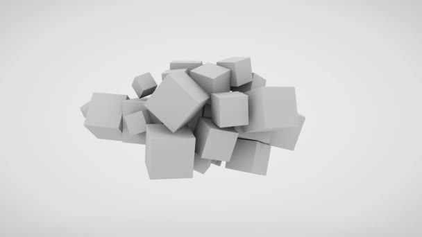 추상적 애니메이션입니다 배경에 크기의 큐브들이 입방체가 나타나서 표면에 떨어진다 애니메이션 — 비디오