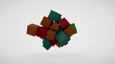 Beyaz bir zeminde görünen ve düşen bir çok renkli küpün 3 boyutlu animasyonu.