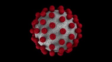 Siyah arka planda beyaz bir koronavirüsün 3 boyutlu dönüşünün animasyonu. Bir alfa kanalı ile 4K animasyon sürekli çalma olasılığı ile.