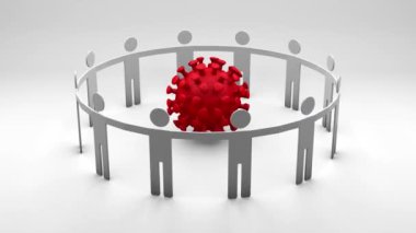 İnsanların yuvarlak dansının 3 boyutlu animasyonu. Ncov-19 Coronavirus 'un etrafındaki insan siluetleri. Dünya tehdidine karşı kolektif bir savaş fikri. Salgını yenmek için küresel güdülerin bir sembolü.