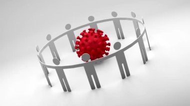 İnsanların yuvarlak dansının 3 boyutlu animasyonu. İnsan siluetleri kırmızı covid-19 koronavirüsünün etrafında döner ve çöktüklerinde kızarır. Virüs yalnız kalacak. Tehlike ve risk fikri.