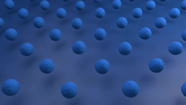 3D动画 蓝色背景和许多球体转变成Covid 19病毒 在蓝色表面上混乱的运动 4K动画 有可能继续播放 — 图库视频影像