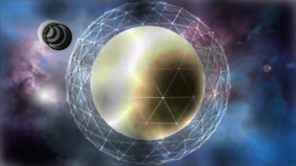 Animation 3D d'un fond cosmique et d'une boule d'or, une planète entourée d'une grille lumineuse et de nombreux anneaux volant dans l'espace .