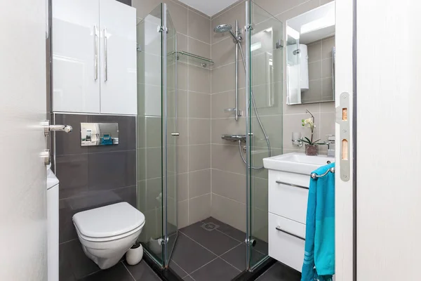 シャワー付きの小さなモダンなバスルームのインテリア Stock Image
