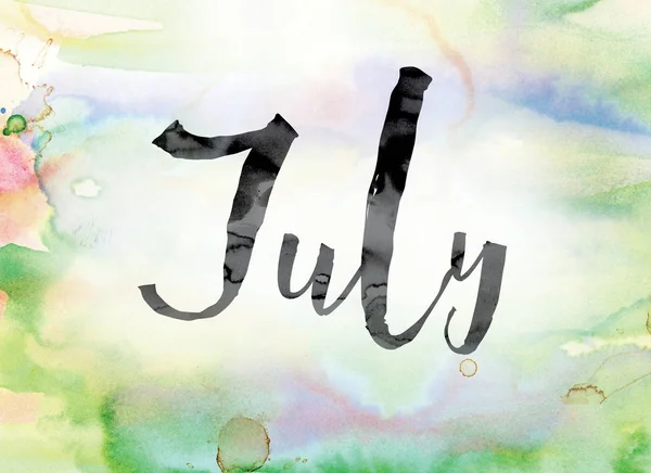 Juli färgstark akvarell och tusch Word Art — Stockfoto