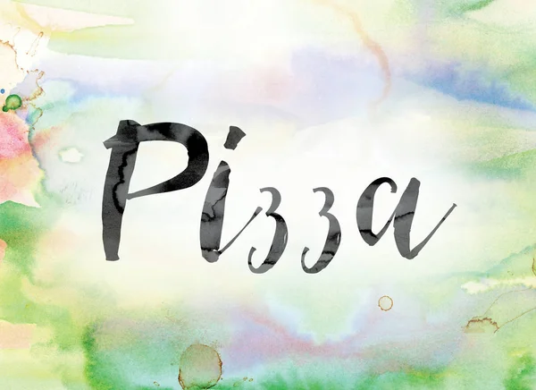 Pizza aquarela colorida e tinta Word Art — Fotografia de Stock