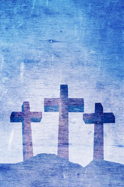 Três cruzes cristãs na ilustração de fundo do calvário — Fotografia de Stock