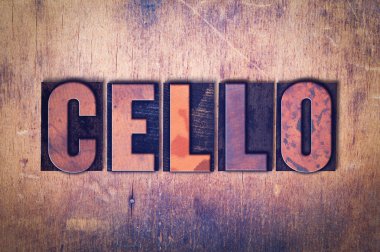 Çello Tema Letterpress Word ahşap arka plan üzerinde