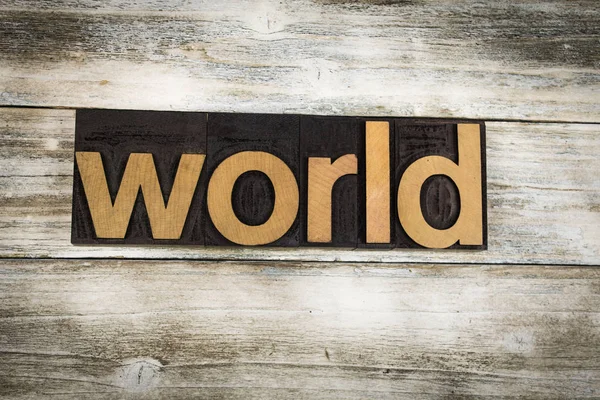 Mundo Letterpress Palabra sobre fondo de madera — Foto de Stock