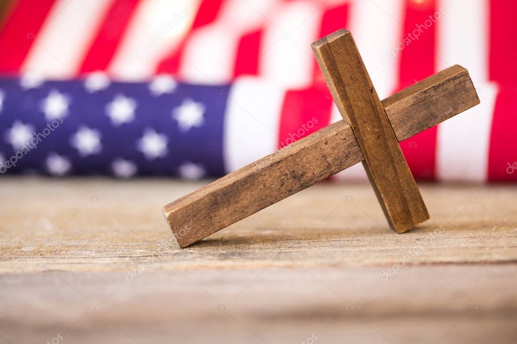Holy Christian Cross and American Flag Background