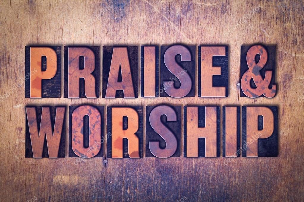 Praise & Worship Theme Letterpress Word on Wood Background — Stock Photo © enterlinedesign ...
