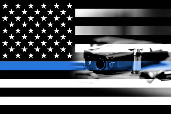 Uno Sfondo Bandiera Della Polizia Con Pistola Proiettili Sfondo — Foto Stock
