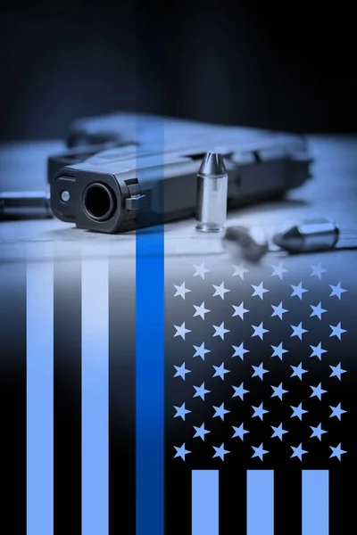 A police flag background with gun and bullets background.