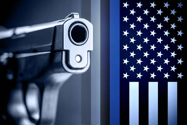 Police Thin Blue Line Flag Gun Background Concept — Stock Photo, Image