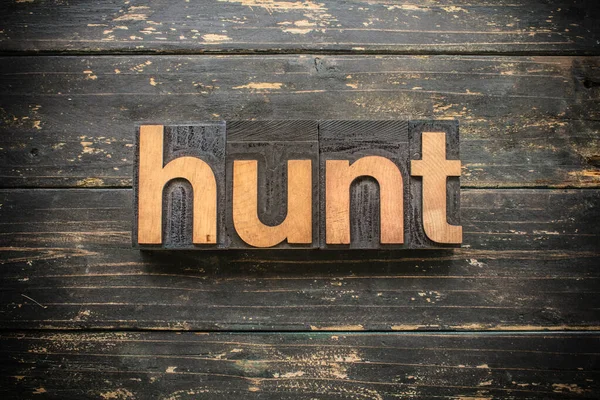 Hunt 这个词 用老式木刻字体写在复古的乡村背景上 — 图库照片