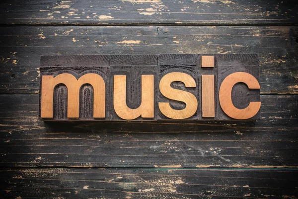 Word Music Written Vintage Wood Letterpress Type Vintage Rustic Background — Stock Photo, Image