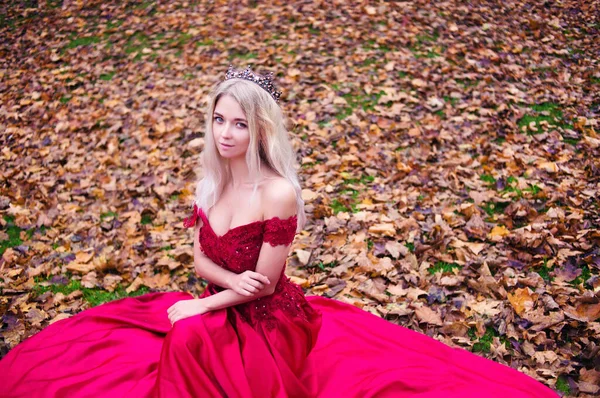 王妃穿着红色衣服坐在秋天的叶背上 — 图库照片
