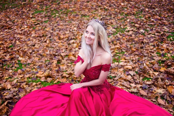 Πριγκίπισσα Στέμμα Κάθεται Κόκκινο Φόρεμα Για Φθινόπωρο Φύλλα Φόντο Βασίλισσα — Φωτογραφία Αρχείου