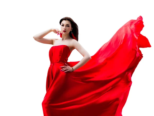 Preciosa Mujer Vestida Rojo Revoloteado Aislado Sobre Fondo Blanco — Foto de Stock