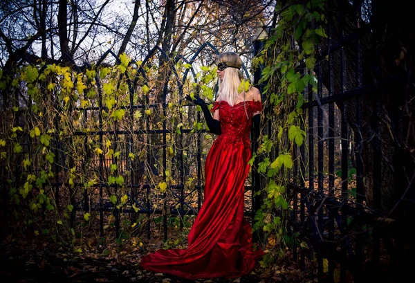 Mysterious Woman Mask Standing Fence Autumn Fall — Stock Photo, Image