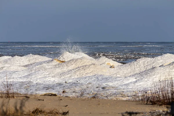 Invierno Las Olas Del Lago Michigan Crean Barrera Hielo Costa —  Fotos de Stock