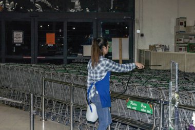 Manitowoc, WI USA 9 Nisan 2020: Korunaklı sprey sıkan ve alışveriş arabalarını Coronavirüs 'e karşı dezenfekte eden kız.