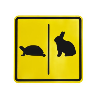 Yellow traffic label  turtle and rabbit pictogram isolated clipart
