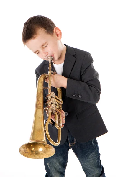 Caucasian boy plays to shoot at the old camera. — Stock Photo, Image