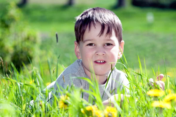 Portrét šťastného chlapečka v parku — Stock fotografie